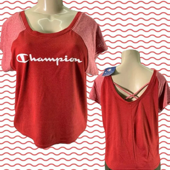 Champion M Red Logo Textured Caged Back Short Raglan Contrast Sleeve Crop Tee - Picture 1 of 6